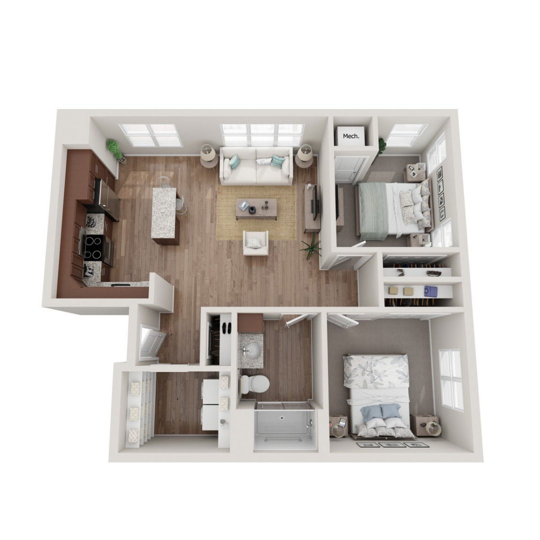 Floor plan for 2 beds, 1 bath, 892 sqft
